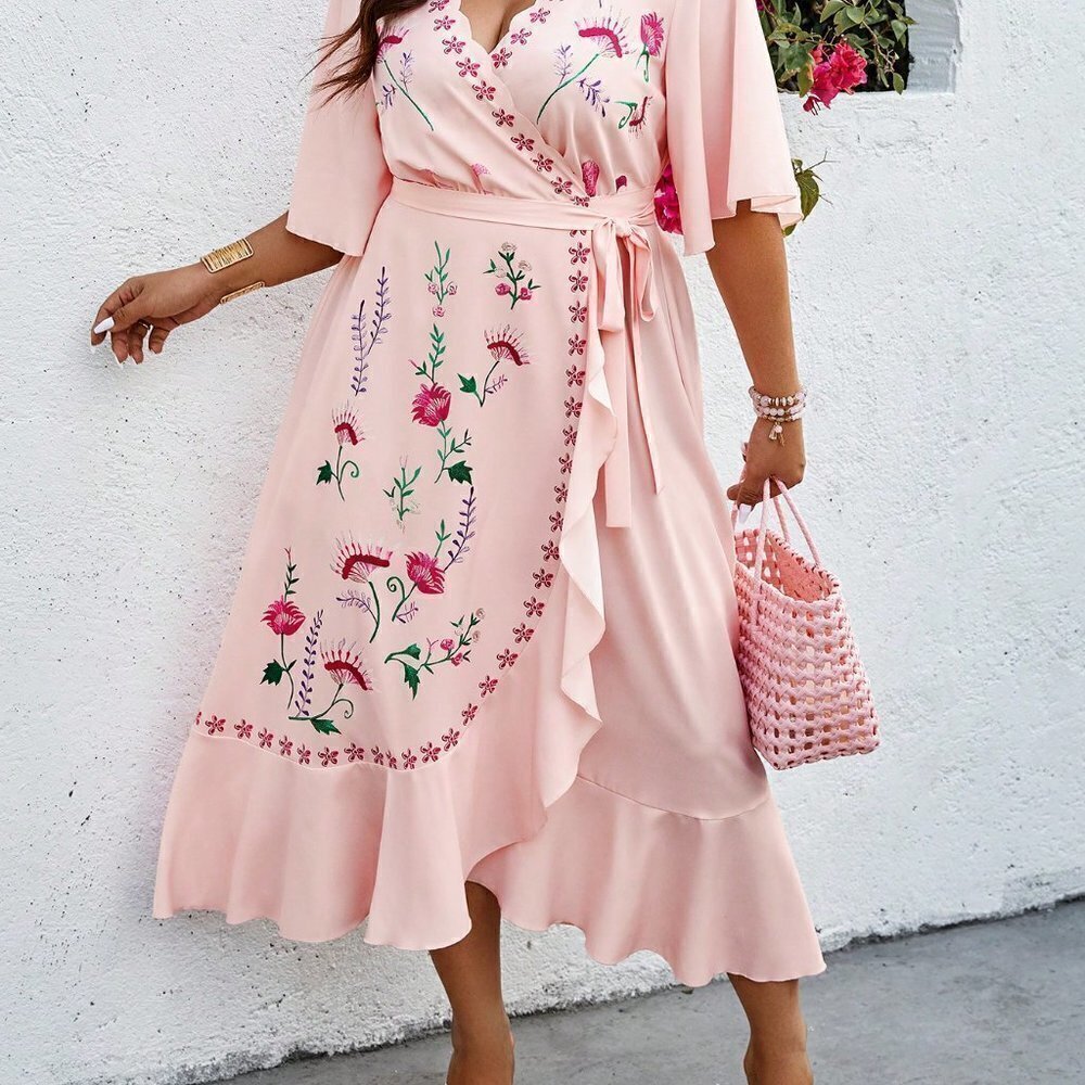 Pink Boho Womens Plus Size Women's Wrap Design Dress With Floral Print - Picture 5 of 5